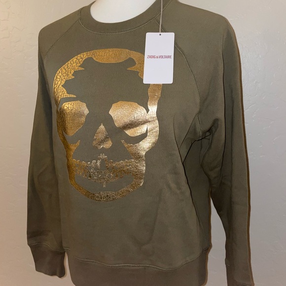 🎉HP🎉 Zadig & Voltaire Upper Skull Gold/Khaki 100% Cotton Sweatshirt Size XS✨ - Picture 5 of 14